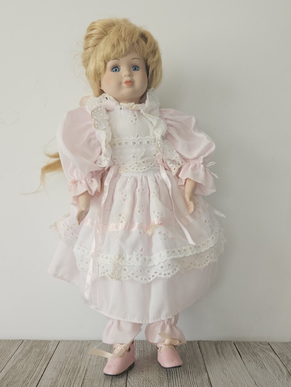 Vintage 17" Porcelain Doll with Long Blonde Hair Pink Frilly Dress and Adjustabl